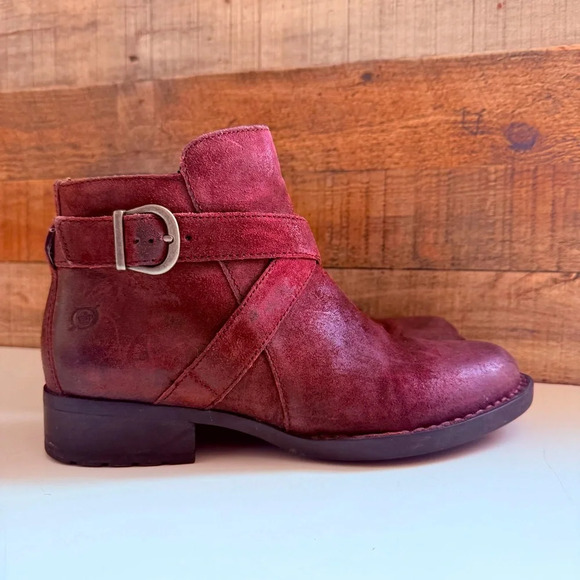 Born Trinculo Distressed Leather Ankle Boots - Burgundy - Picture 1 of 9